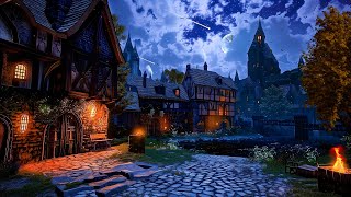 A Fantasy Medieval Village at Night with Shooting Stars, Crackling Campfire, & Summer Ambience