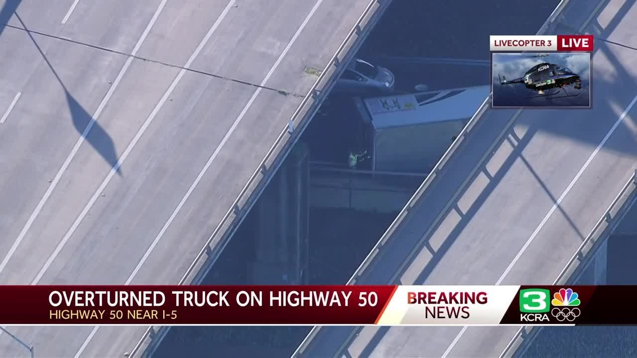 Overturned big rig on highway connector causes Sacramento delays - YouTube