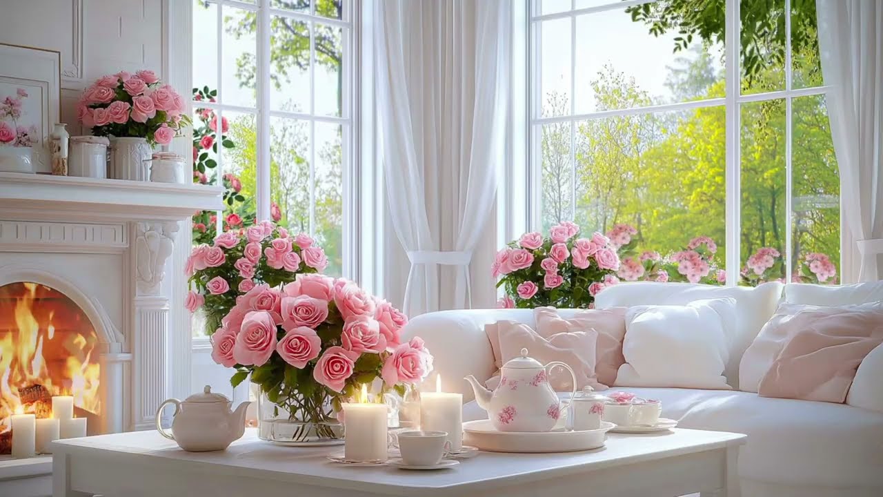 Calm Spring Morning: Peaceful Piano & Cozy Fireplace Ambience