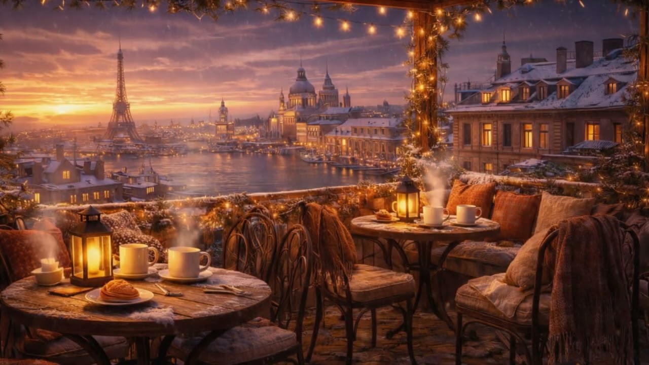 Snowy City Sunset Balcony ✨☕ Snowfall & Golden City Lights | Relaxing Screensaver