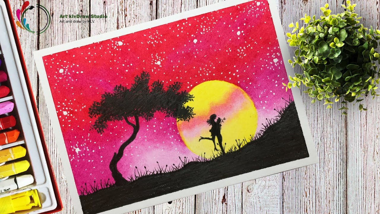 How To Draw Sweet Couple at Lovely Red Sky Scenery With Oil Pastels ...