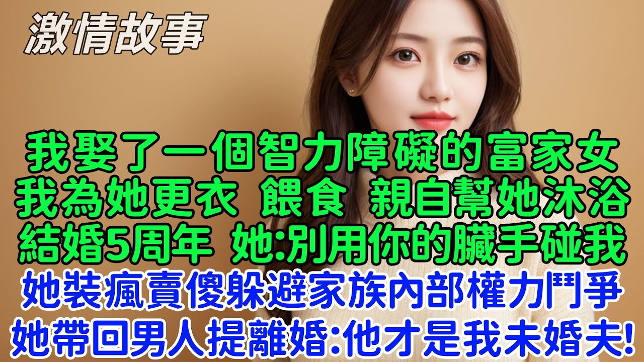 我娶了一個智力障礙的富家女，我為她更衣餵食，親自幫她沐浴，結婚5周年時她：別用你的臟手碰我！原來她裝瘋賣傻躲避家族內部的權力鬥爭，她帶回男人給我一份離婚協議：他才是我的未婚夫！