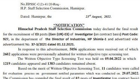 hpssc Investigator Post Code 927 final result declared today | investigator result 2022 | hpssc |