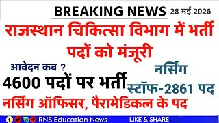 राजस्थान चिकित्सा विभाग में 4600 पदों पर नई भर्ती को मंजूरी/ स्टॉफ नर्स,LT,RT,Pharma सहित अन्य पद❤️💯