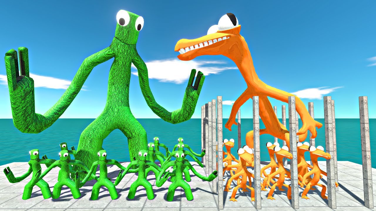 Rainbow Friends Green Rescues Rainbow Friends Orange and Fight - Animal Revolt Battle Simulator