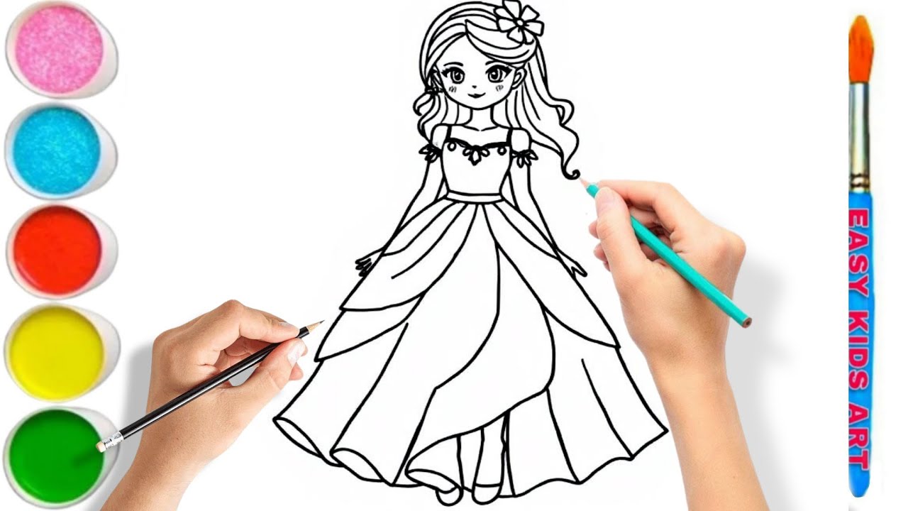Dress Coloring page | How to draw a girl with beautiful dress for Beginners