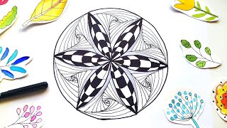 How to Draw Zentangle Pattern - 3D Circle Flower Easy Illusion Drawing Tutorial