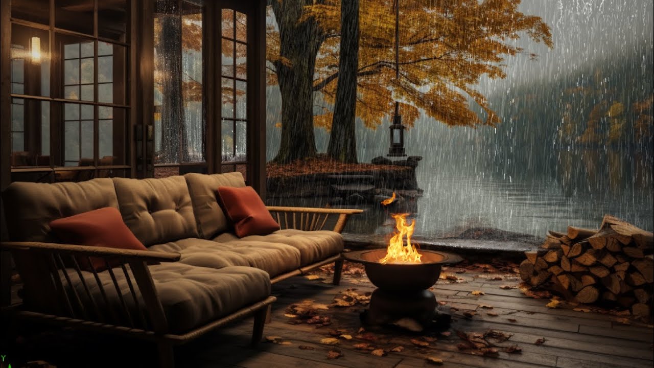 Cozy Balcony Ambience🍂 | Lake House Porch in Autumn Rain with Bonfire ...