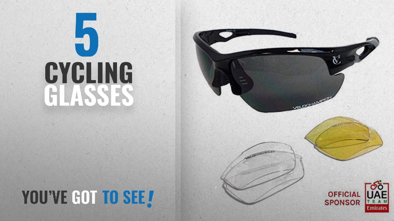Top 10 Cycling Glasses [2018]: VeloChampion Tornado Sunglasses Black with 3 Sets of