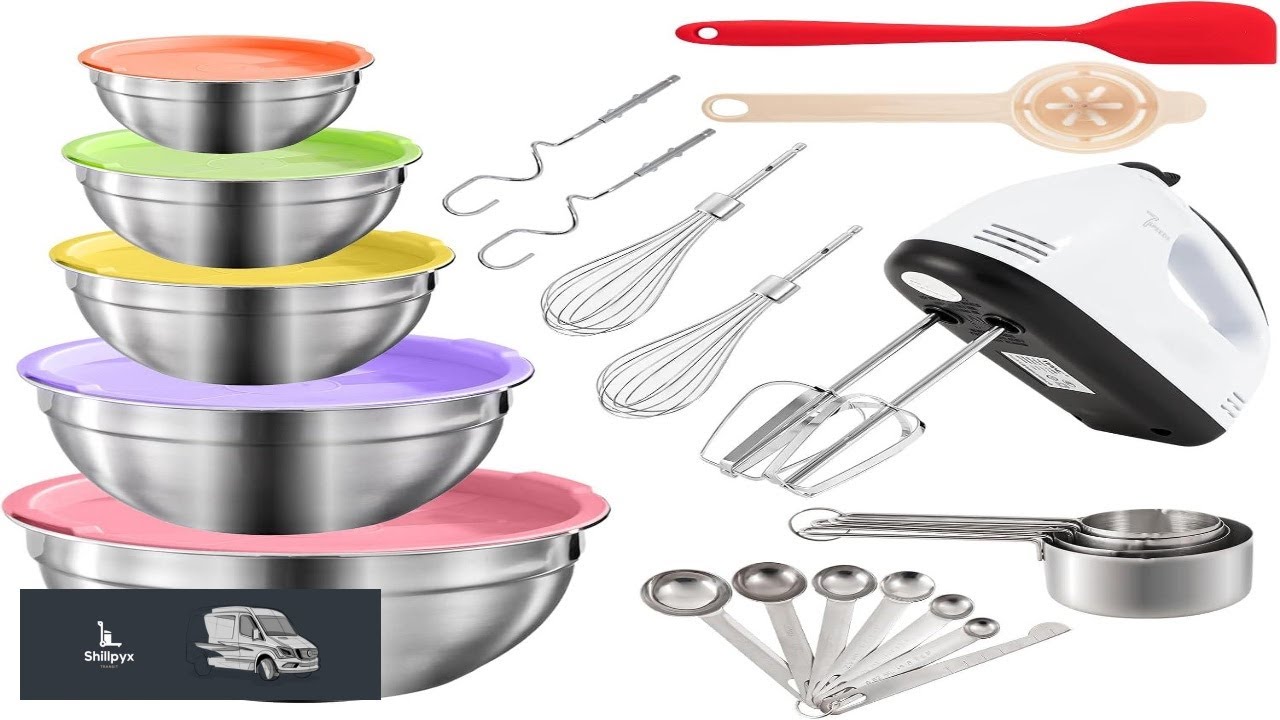 7 Speed Electric Hand Mixer 5 Large Mixing Bowls Set Handheld Mixers with Whisks