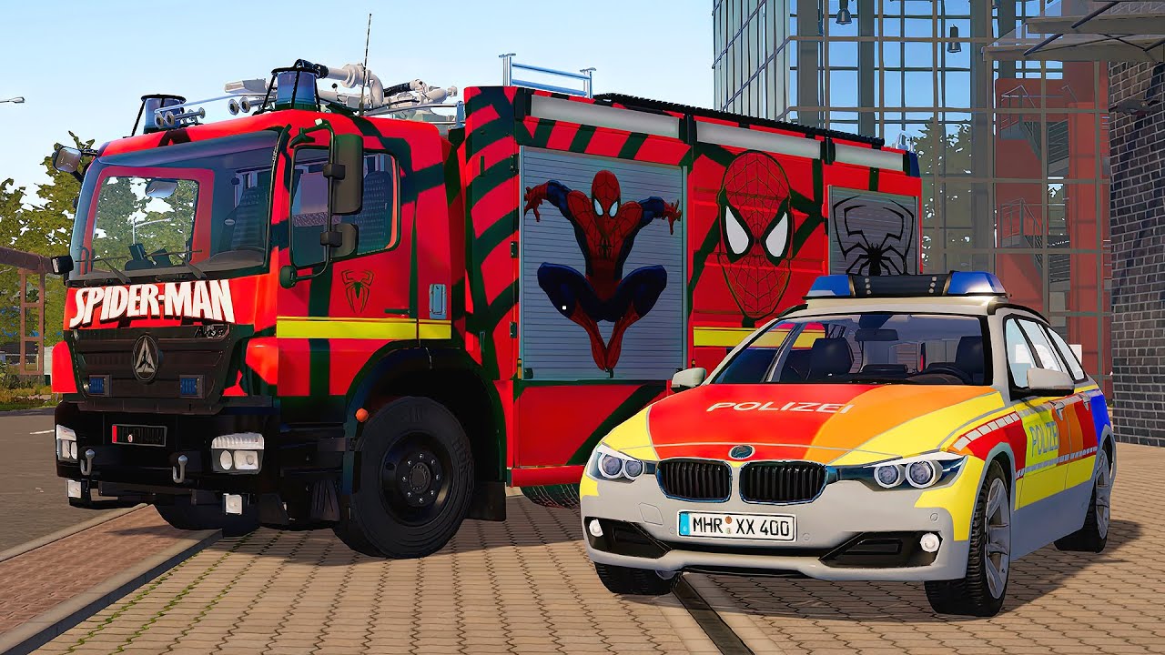 Spider Man Emergency Call 112 - German Police, Ladder Truck First Responding! 4K