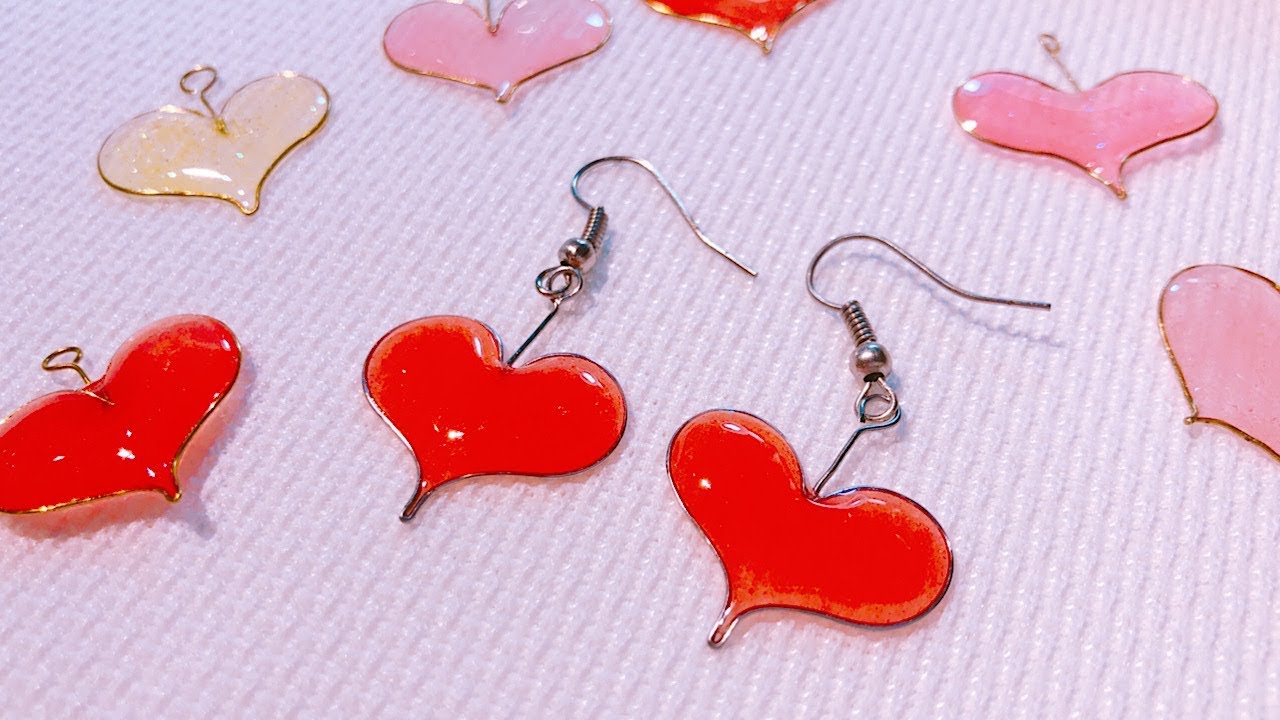 リトルウッズ×ハートレジン♡ピアス　2080 レジン＞ワイヤーでぷっくりツヤツヤハート＊ピアス＊ほぼ100均材料