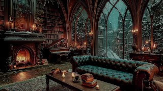 Cozy Winter Reading Study Room by the Fireplace & Classical Piano | Dark Academia Library Ambience