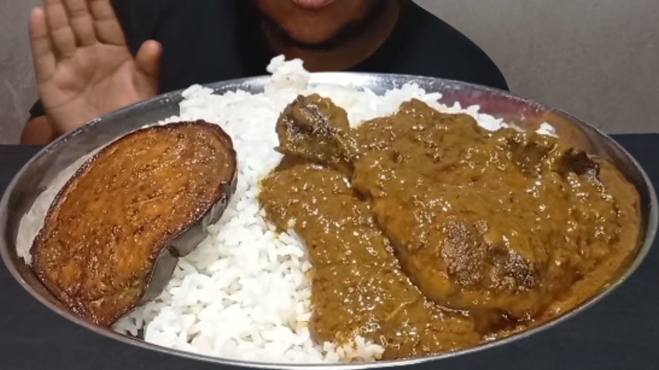 Eating Spicy Chicken Legpis Curry, Begun Vaja & Rice | Deshi Food Eating | Eating With AV