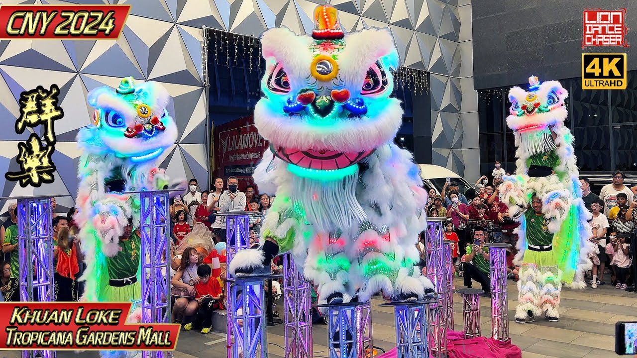 CNY 2024 - LED Acrobatic Lion Dance by Khuan Loke 群乐 @ Tropicana Gardens Mall 龙年春节贺岁 高桩LED舞狮採青
