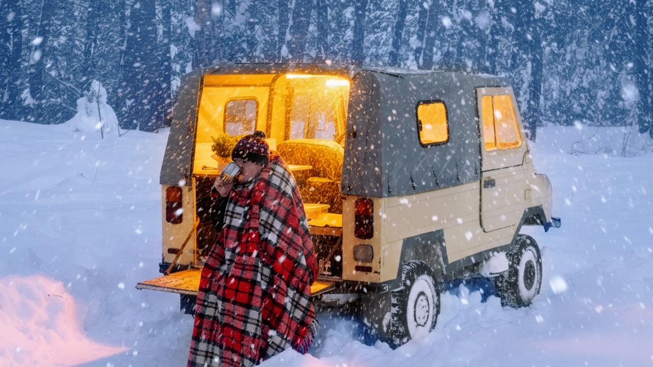 Truck Camping in an Icy Snowstorm | Winter Camping | Hot Tent in a Truck | ASMR