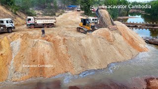 Part 1 Starting New Project Building Dam By Shantui Dozer Pushing Dirt & 10 Wheel Truck Dumping Dirt