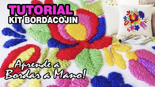 #12 CLASES DE BORDADO A MANO PASO A PASO  BORDA TU COJÍN DECORATIVO KIT DE BORDADO FLORES CON LANA