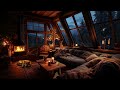 Rain  thunderstorm with lightning and crackling fire in a cozy cabin next to the forest