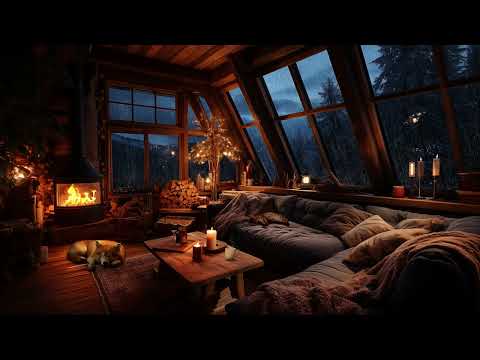 Rain x Thunderstorm With Lightning And Crackling Fire In A Cozy Cabin Next To The Forest