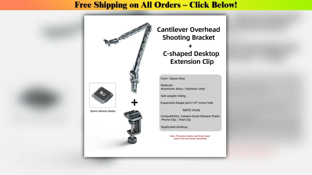Overhead Camera Mount 360 Rotatable Cantilever Stand Articulating Arm with 1/4" Threads Desktop