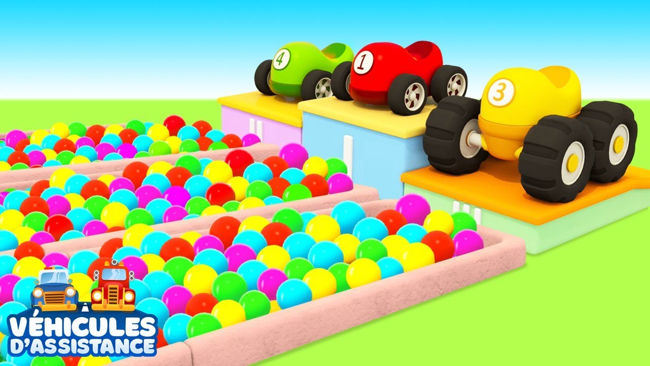 Le concours de saut en longueur pour les voitures de course. Dessin animé pour enfants