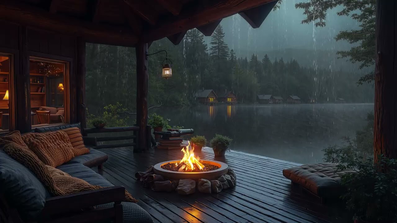 Rainy Lake Balcony with Crackling Fireplace 🌧🔥 (No Ads) Sleep Better & Deep Relaxation