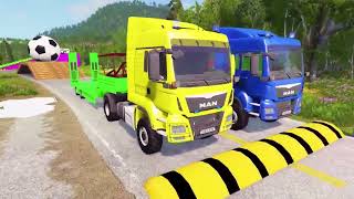 Double Flatbed Trailer Truck vs Speedbumps Train vs Cars Beamng.Drive #175 carry Nissan  , XC40