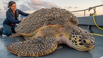 Removing Barnacles from Giant Sea Turtle Satisfying Rescue Mission
