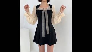 [LIVEWEAR] 심플와이 - 쉬폰 리본 끈 배색 플레어 미니 원피스 1
