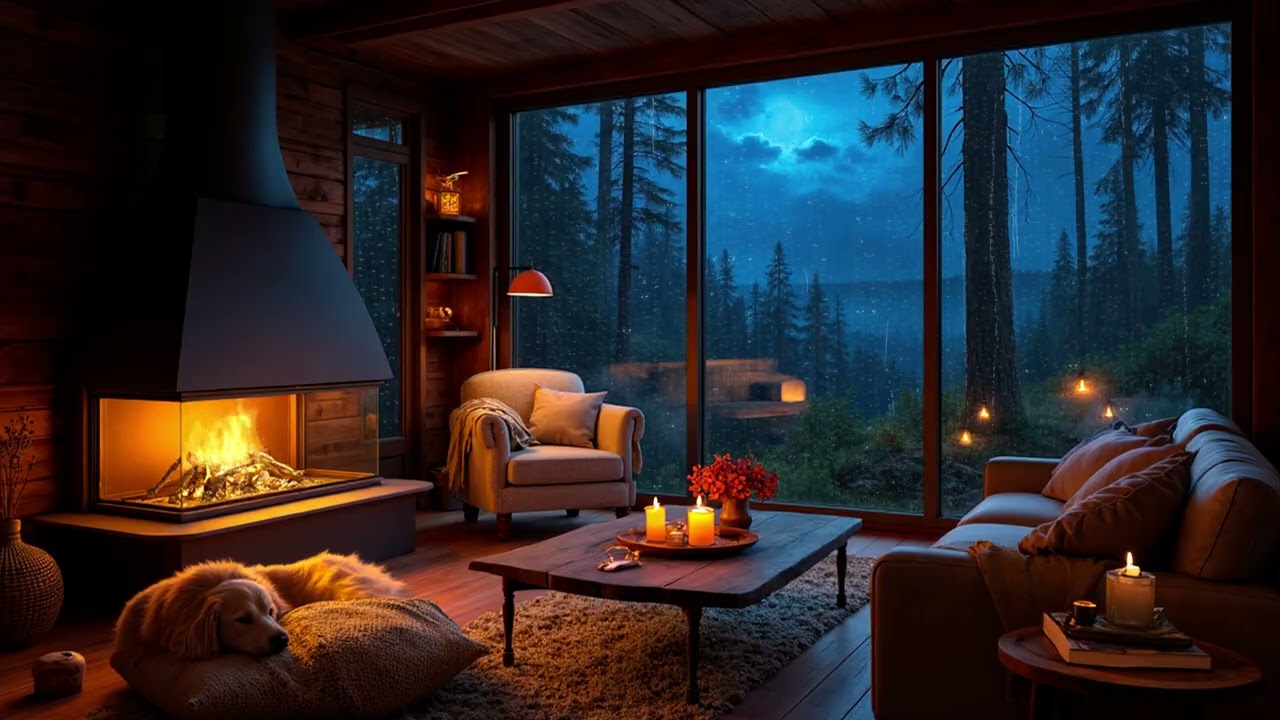 Forest Rain at a Glass Cabin Fireplace | Cozy Night Lounge Ambience for Deep Sleep & Relaxation
