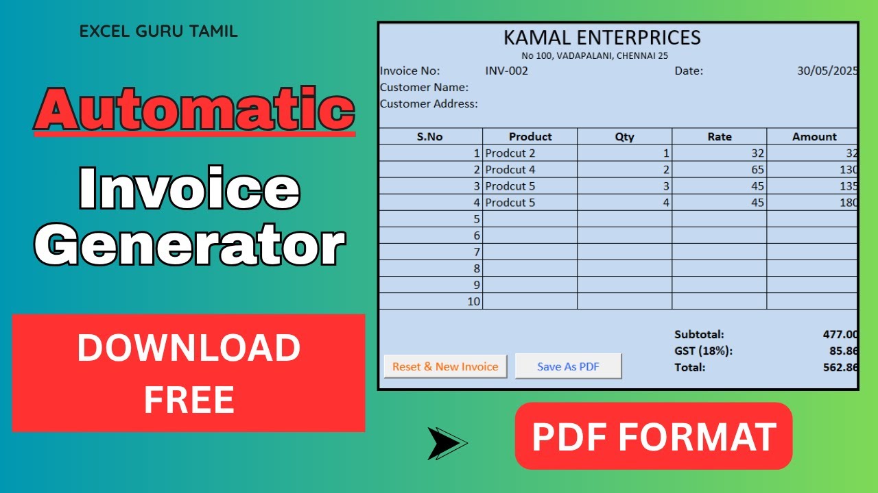 Automated Invoice Generator In Excel | Free Download | PDF Export