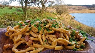 Delicious Carbonara cooked in the fresh air with elements of ASMR cooking