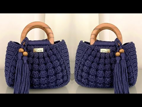 حقيبة البوب كورن كروشيه شنطة يد تريندي بمقبض خشبي غرزة المنتفخة للمبتدئين  