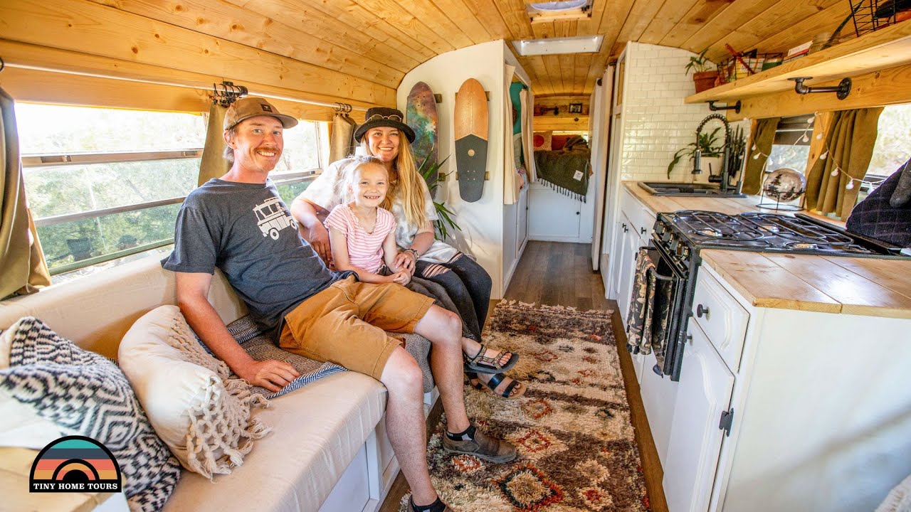 Family Of 3 & Their DIY Mini School Bus Tiny House W/ Toilet & Shower