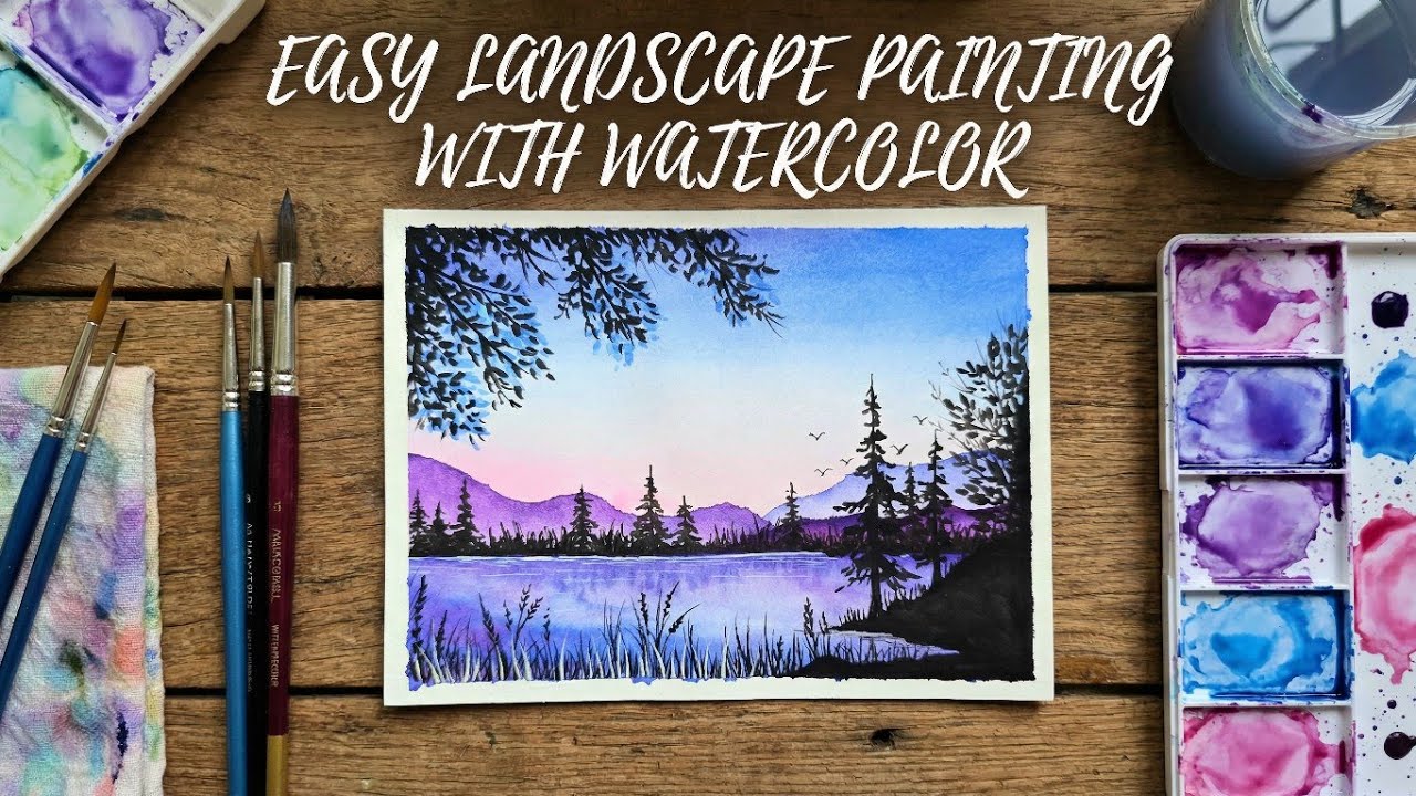 Easy landscape painting with watercolors💜🩷💙/watercolor tutorial for beginners🎨