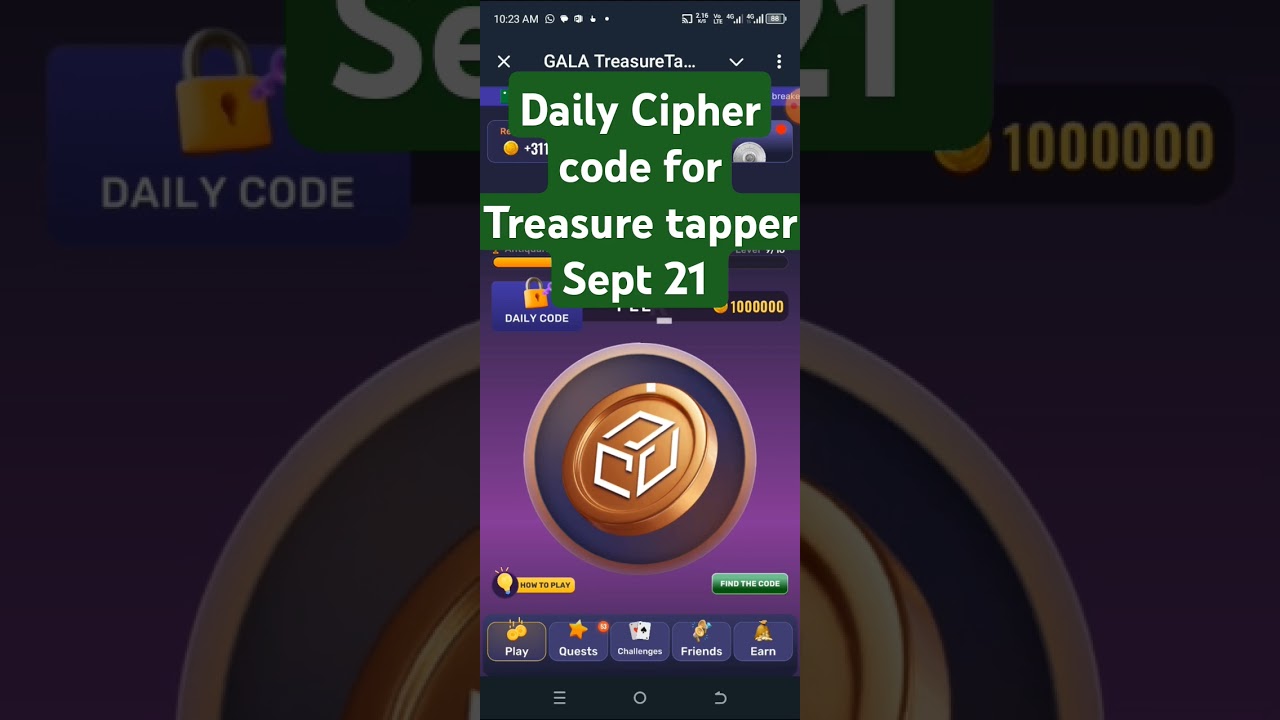 Treasure tapper: Sept 21, daily cipher code 