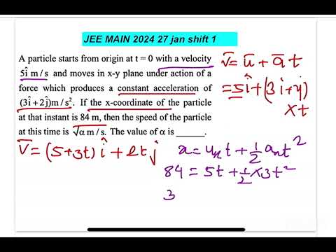 JEE MAIN 1024(27jan shift1): A particle starts from origin at t = 0 with a velocity5i m / s and 14 JEE MAIN 1024(27jan shift1): A particle starts from origin at t = 0 with a velocity5i m / s and