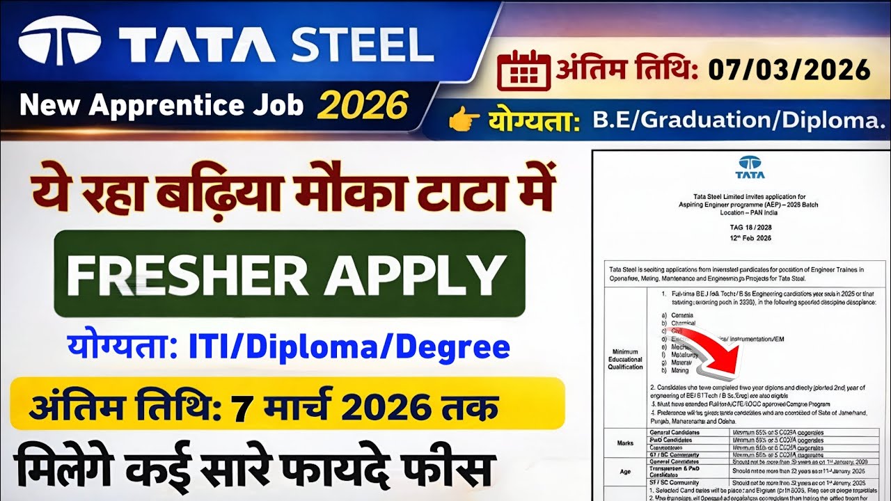 Tata Steel Apprentice Recruitment 2026 | 200 पद | ITI Diploma Degree | Direct Interview Job | बढ़िया