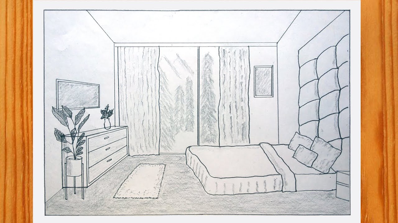 تصميم داخلي غرفة نوم 🏠 كيف ترسم بالمنظور تصميم داخلي لغرفة الجلوس |One Point Perspective Living Room