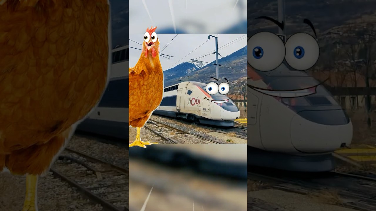 A chicken and two trains on the railway 