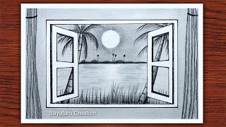 How to draw Beautiful Moonlight scenery with pencil, Pencil Sketch drawing