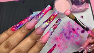 PINK PURPLE AND TEAL ACRYLIC NAILS XXL COFFIN NAILS