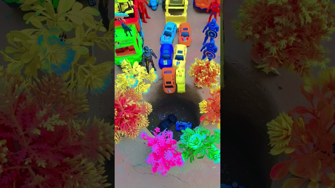 jcb pushing red tractor autorickshaw and yellow car in pit 