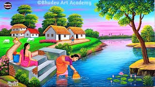 Beautiful Village Landscape Scenery Painting Tutorial|Village Scenery Painting With Earthwatercolor