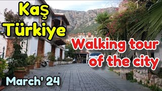 Kaş Türkiye. Walking tour through the streets, panorama of the city. March 2024.