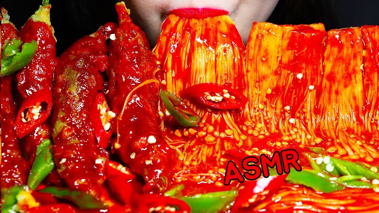 ASMR तली हुई मिर्च, कुकुरमुत्ता حار Lada goreng dan jamur pedas Enoki Mushroom Hot peppers 버섯 튀김고추