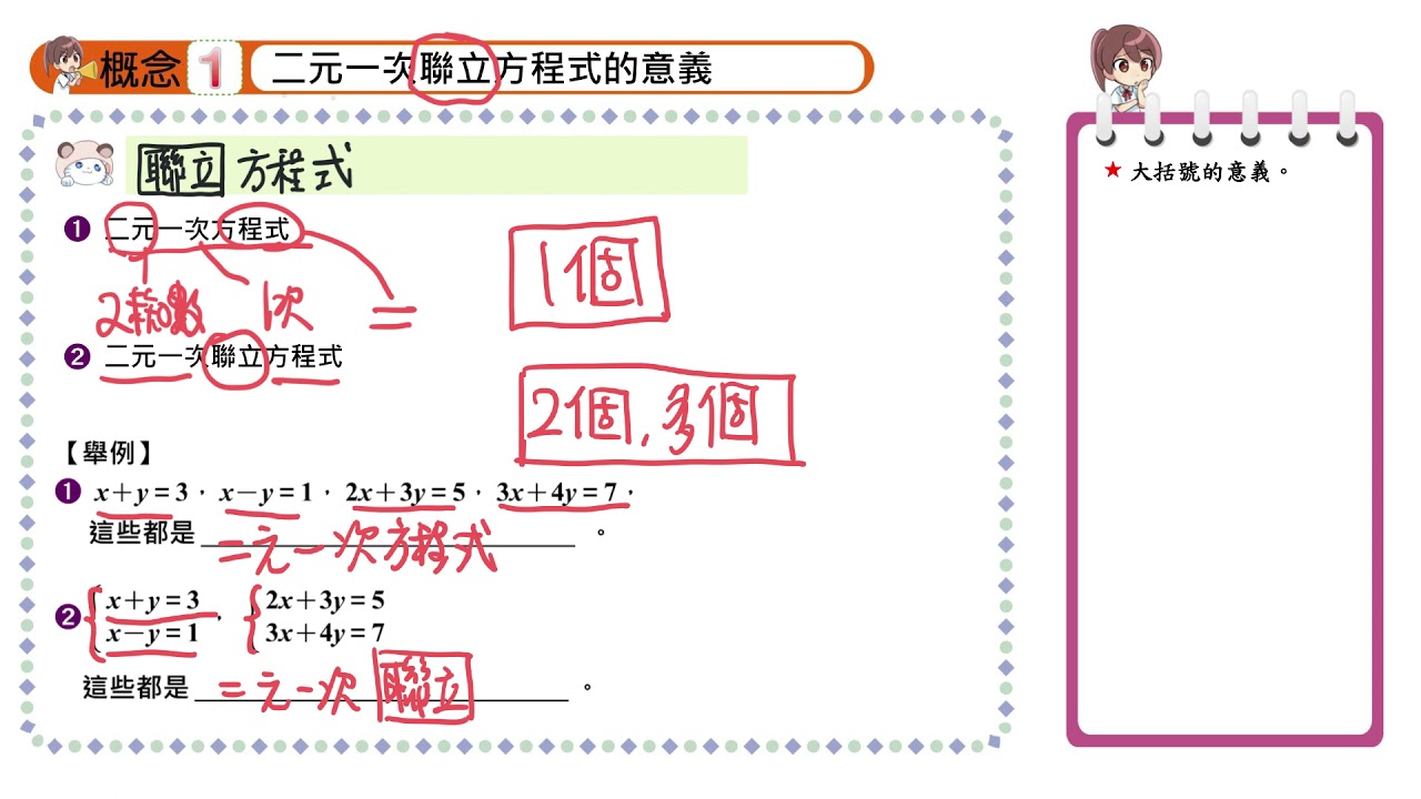 概念1 二元一次聯立方程式解的意義 Youtube