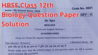 HBSE Class 12 Biology Answer Key Set - A | Haryana Board Biology Paper Solution 2026
