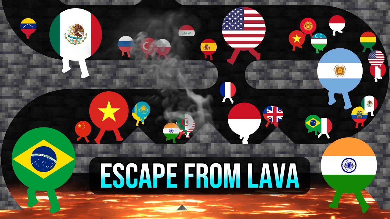 34 Legged Countries Escape from the Lava - Survival Country Marble Race in Algodoo